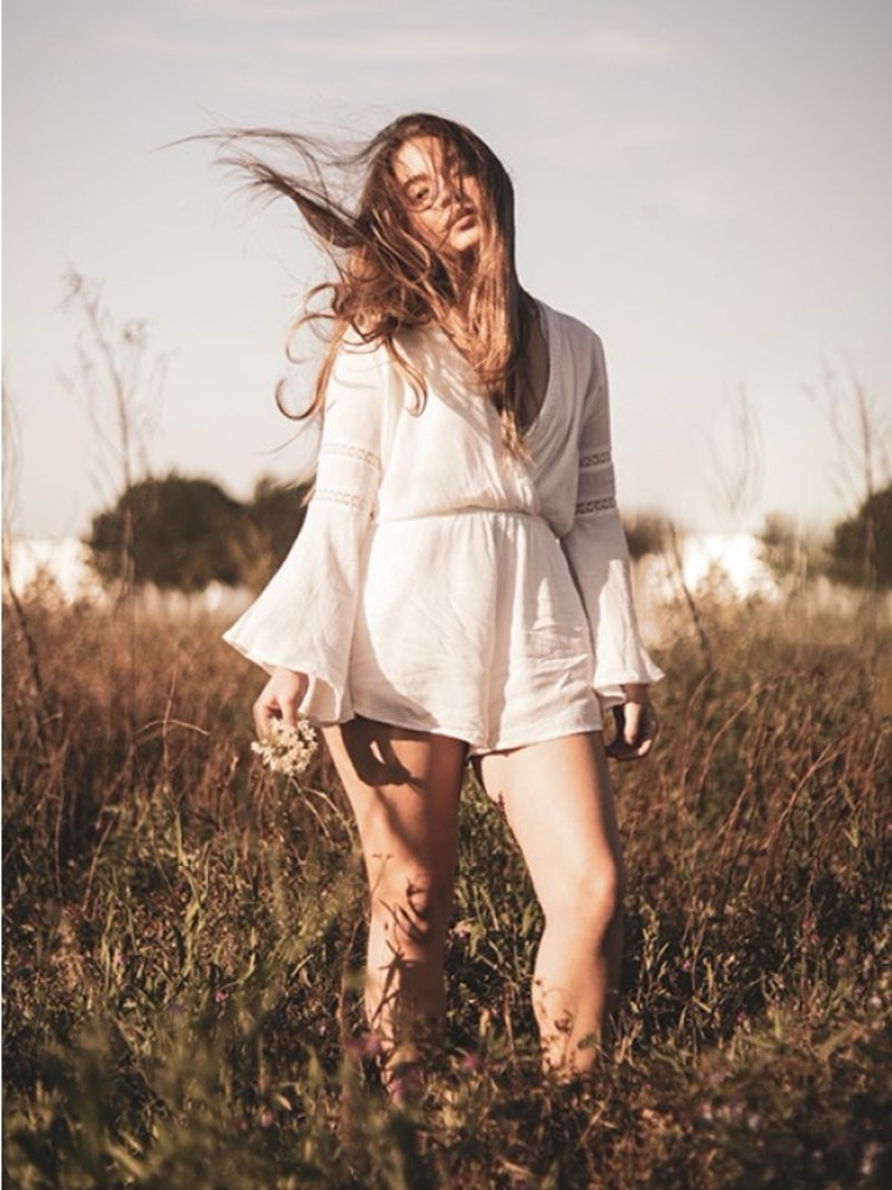 LSPACE Lovestruck Boho White V-Neck Bell Sleeve Romper